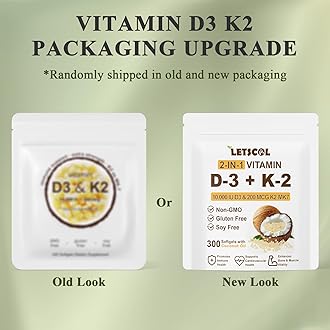 2-in-1 Vitamin D3 K2 Supplement Softgel, Vitamin D3 10000 IU and Vitamin K2 200 mcg, K2 MK7 with D3 Vitamin Supplement Support Immune, Heart, Joint, Teeth & Bone Health