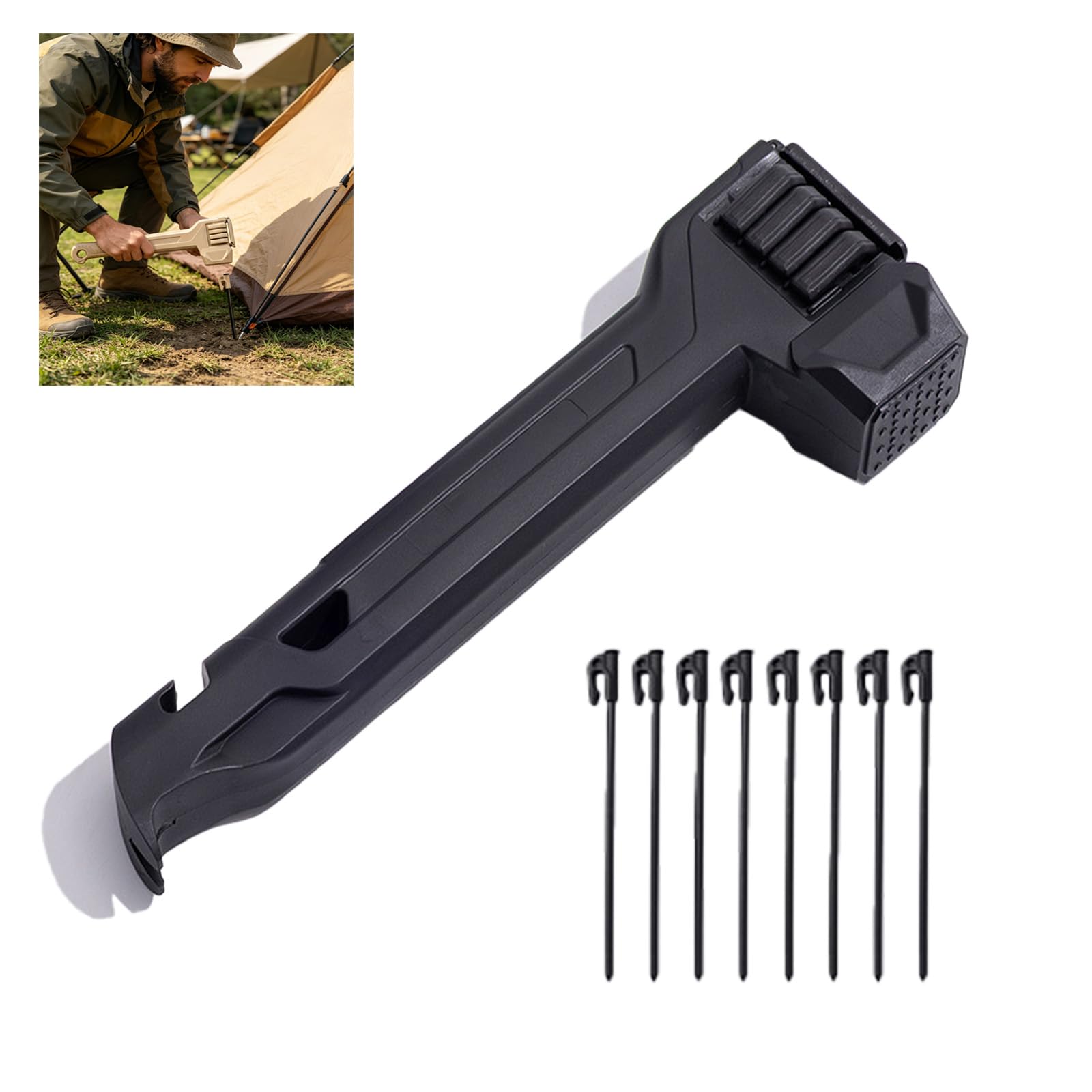 Multifunctional Camping Hammer & Tent Stake Set with Puller, Storage Handle, and Bottle Opener for Camping, Hiking, and Beach Trips (Black)