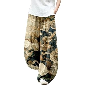 Japanese Ink Painting Pants Waist Elastic Wide Leg Sweatpants Ethnic Baggy Trouser Casual Boho Spring Fall Pant