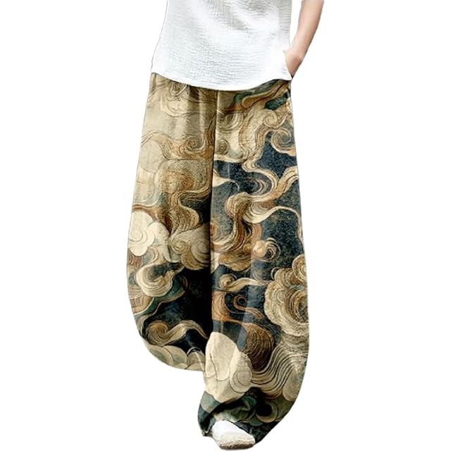 Japanese Ink Painting Pants Waist Elastic Wide Leg Sweatpants Ethnic Baggy Trouser Casual Boho Spring Fall Pant