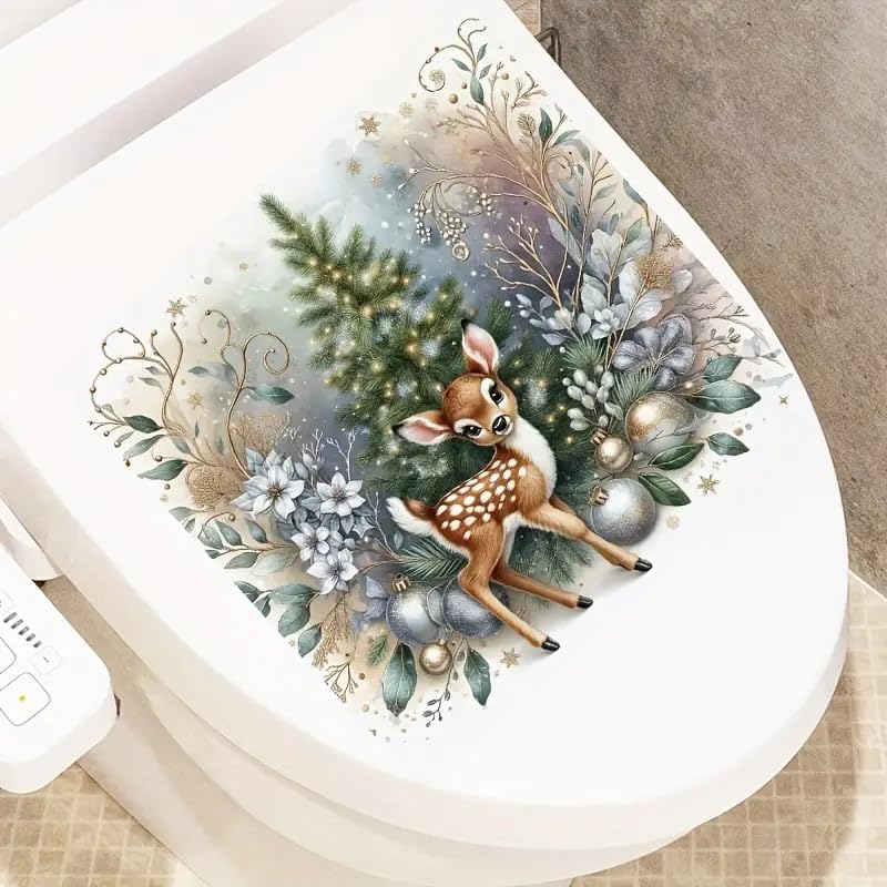 Christmas Festive Deer and Tree Toilet Cover Sticker Decals,Fish Bird Flower Leaf Waterproof Toilet Lid Tank Seat Decals Cistern Self-Adhesive Bathroom Wall Sticker