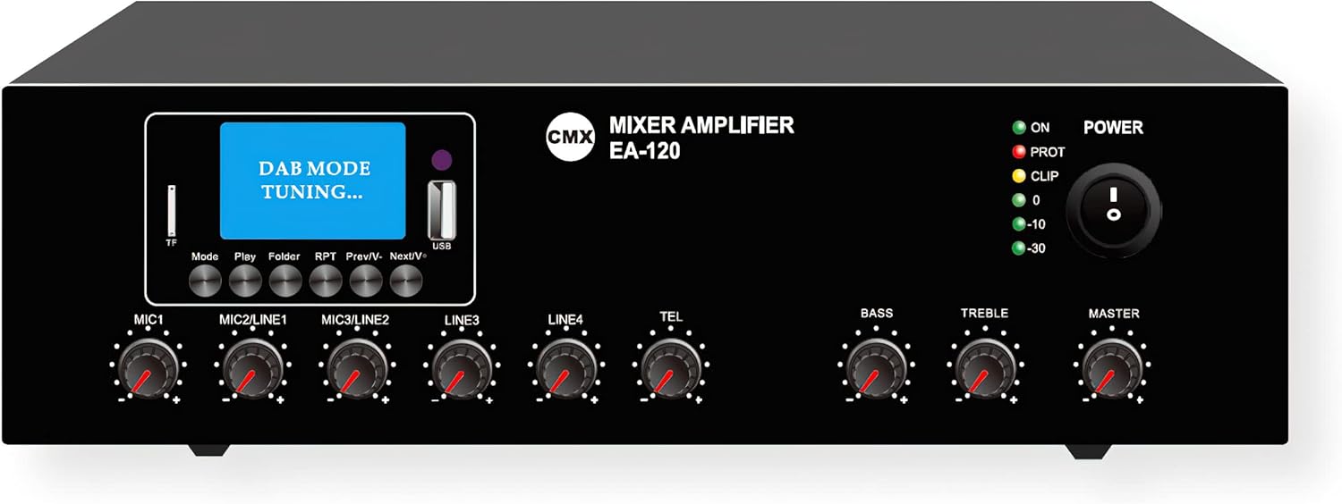 EA-120 Mixer Amplifier, Black; USB/SD/FM/BT; Compact Size; Built-in 100V/70V Transformer Technology; 120W Rated Power Output