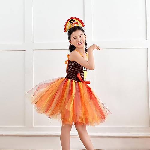 Miniatura 5 de TRURENDI Disfraz de Acción de Gracias para niña, vestido de pavo sin mangas con lazo y diadema, juego de disfraces de pavo de Acción