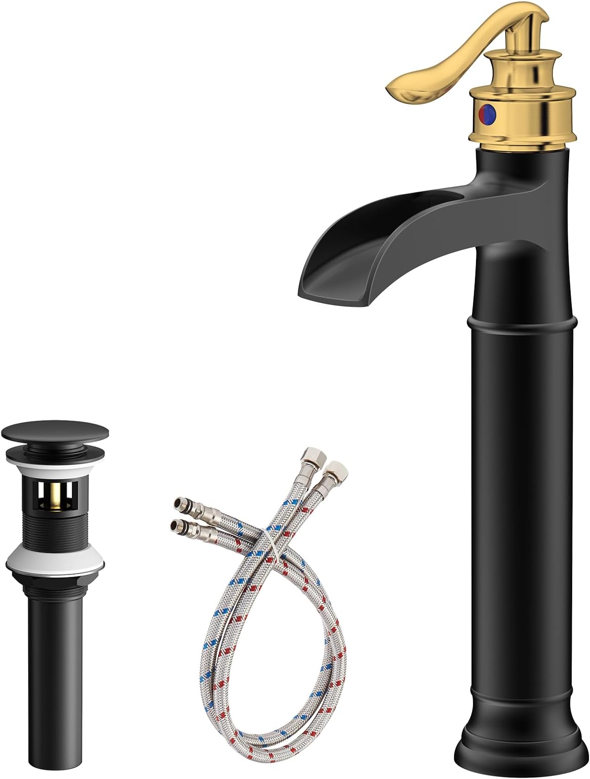 Vessel Sink Faucet 1 Hole, Waterfall Single Handle Bathroom Faucet, Black and Gold Brass Tall Farmhouse Bathroom Faucets with Pop Up Drain Mixer Tap for Lavatory Vintage Antique Washroom