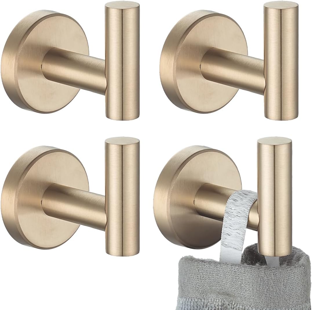 JQK Bathroom Towel Hook Champagne Bronze, Coat Robe Clothes Hook for Bathroom Wall Mounted (Pack of 4), SUS 304 Stainless Steel 0.8mm, TH100-CB-P4