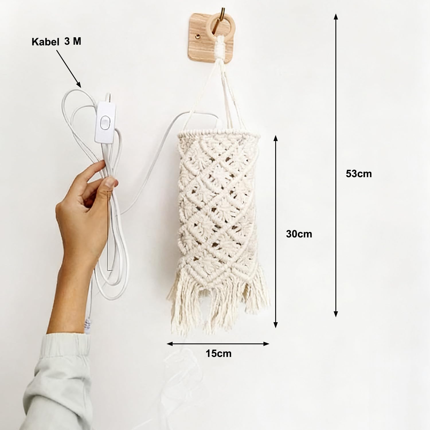 EaEa Vintage Boho Wandleuchte mit Schalter, E27 Innen Wandlampe mit 3m Kabel Stecker, Wand Nachttischlampe mit Seil Lampenschirm Weiß, Holz Rustikal Wandbeleuchtung für Schlafzimmer Wohnzimmer Flur