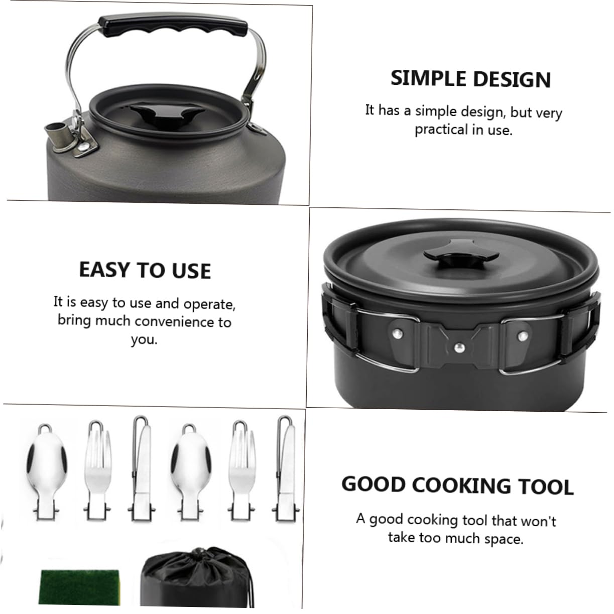 Kit de Cocina de Camping para 2-3 Personas, Juego de Utensilios de Aleación de Aluminio Negro, Fácil de Transportar y Almacenar para Actividades al Aire Libre