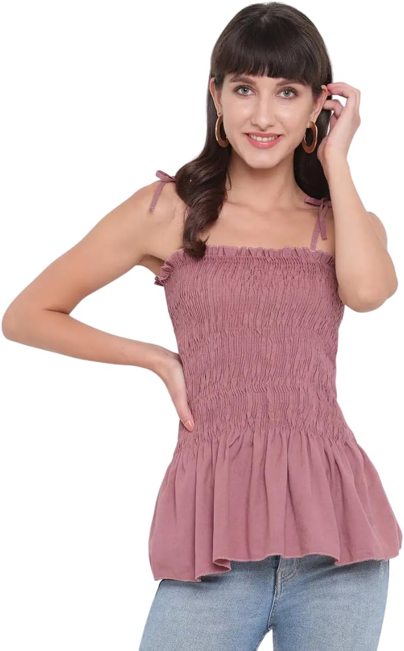 Bigdave Women's Rayon Solid Casual Summer Style Tie Shoulder Straps Free Size Tank Top (Onion)