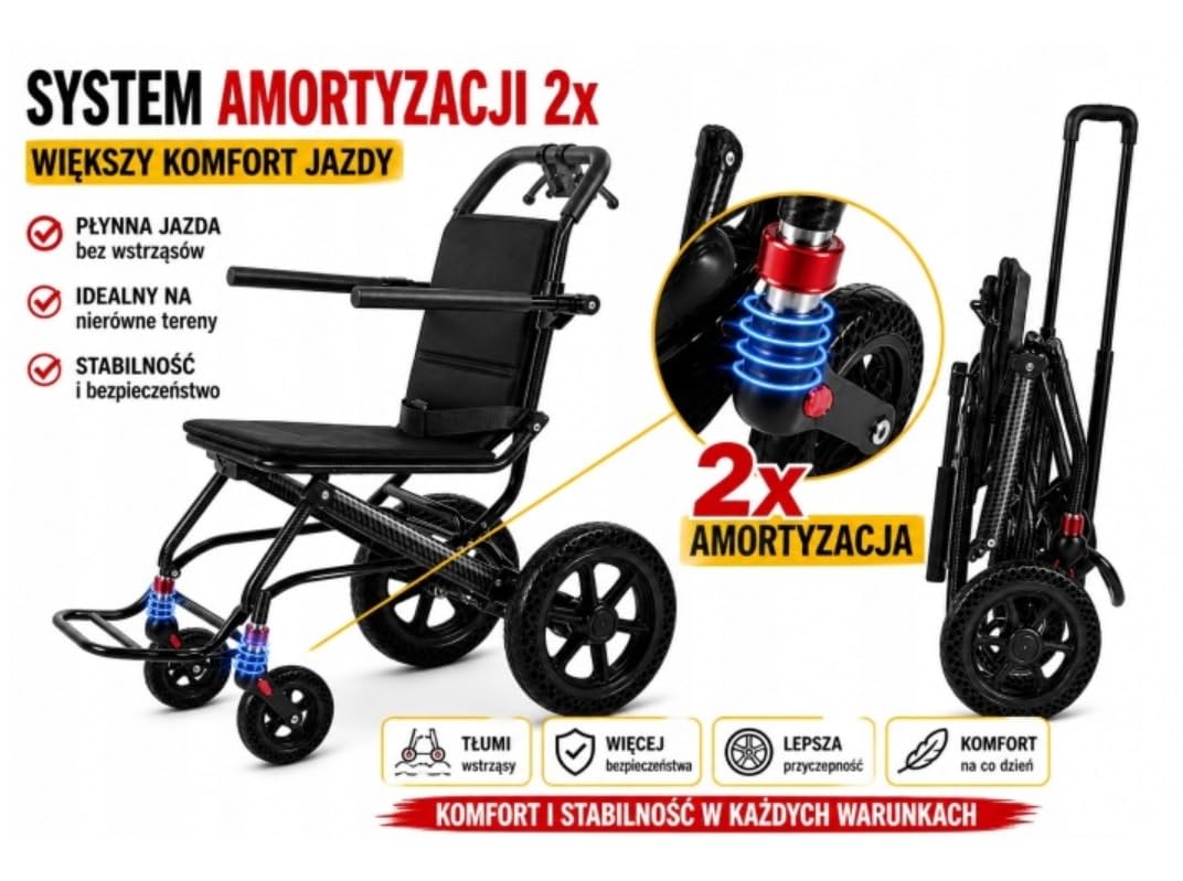Lekki wózek transportowy składany 10,5 kg z amortyzacją i hamulcami, kompaktowy wózek inwalidzki do podróży i codziennego użytku, zdejmowane wodoodporne siedzisko i oparcie