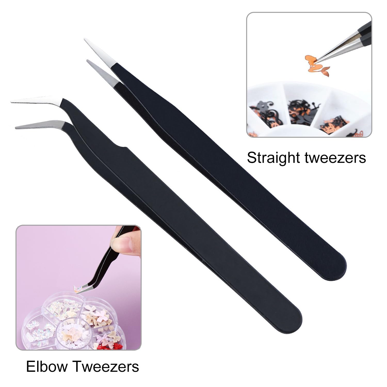 2 Pezzi Pinzetta, Pinzetta Extension Ciglia, Pinzette Diritto e Curvo Tip Pinza, per Estensioni Ciglia, DIY (Nero)