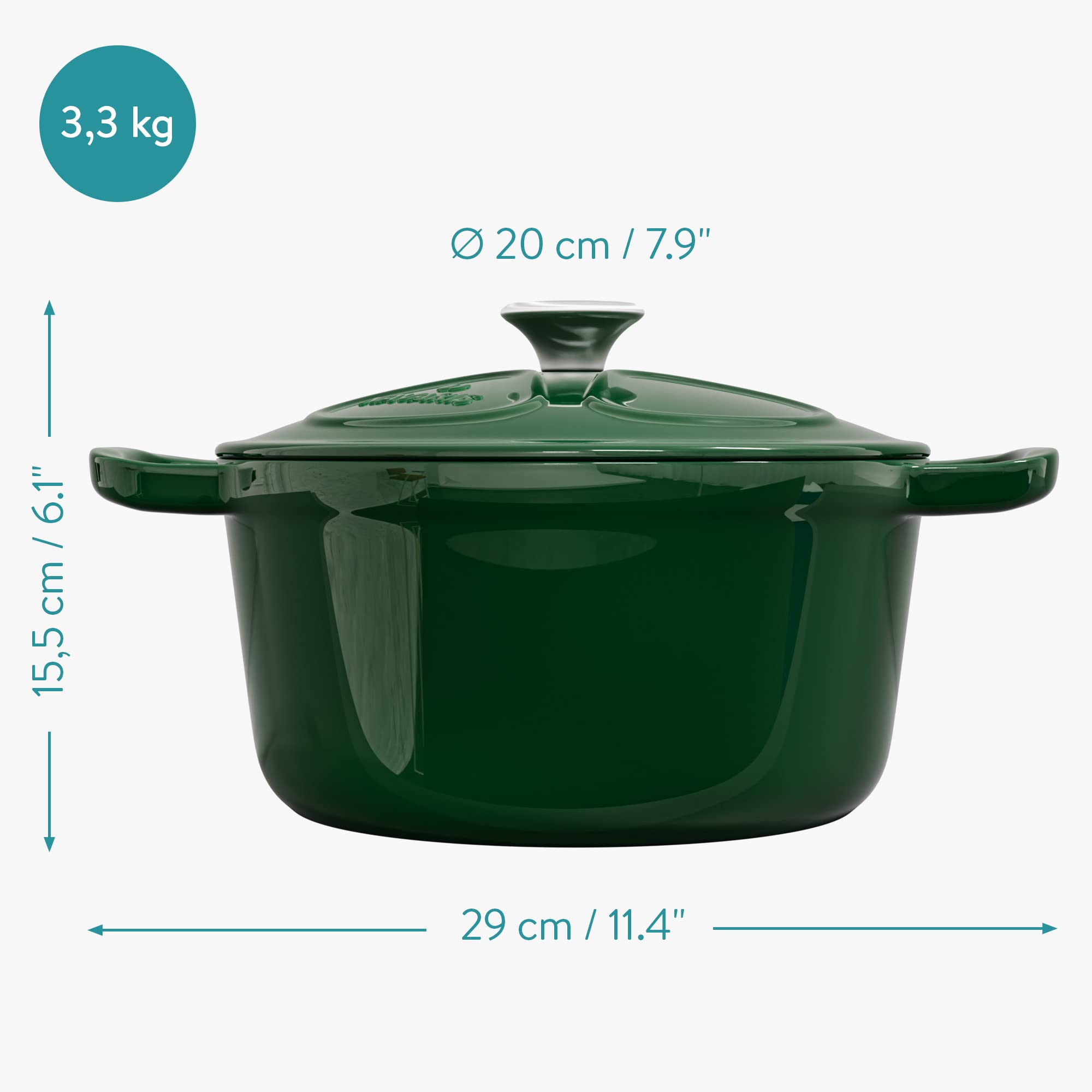 Navaris Casseruola in Ghisa Smaltata - Pirofila Cocotte Ø20cm Coperchio - Cottura Grill Forno Fornelli a Induzione Fuoco - Pentola Verde Scuro Lucido