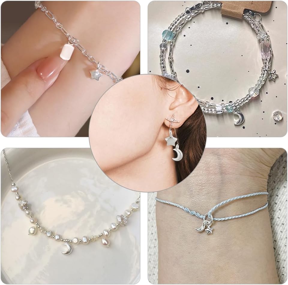 PH PandaHall 2pcs 925 Sterling Silver Charms 9~10.5mm Stars Moon Charms for Bracelets Stars Charm Dangle Pendant Charm for Women Necklace Earring Jewelry Making DIY Crafts, 1.6mm Hole