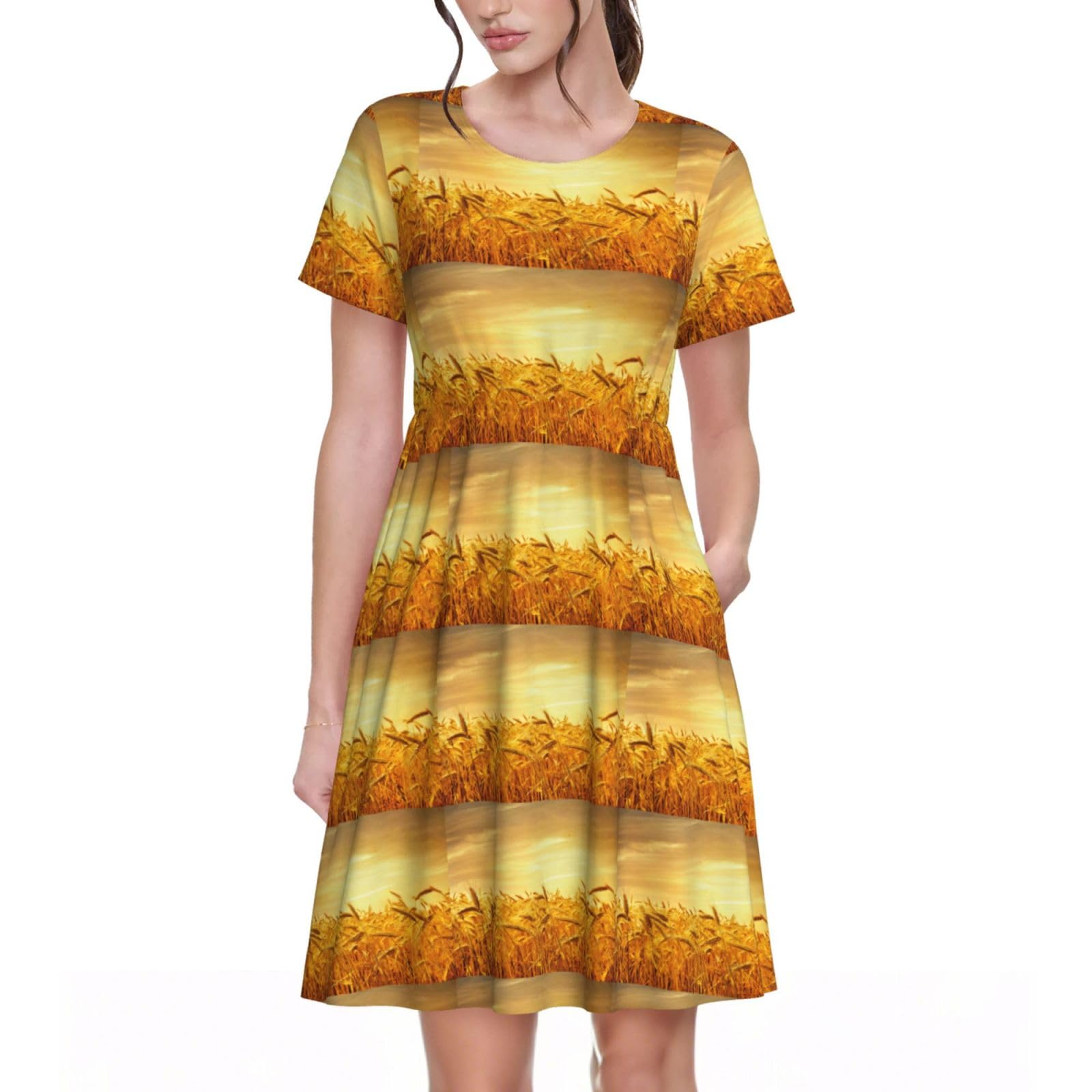 Robe d'été à manches courtes imprimé champ de blé coupe fluide décontractée - 8
