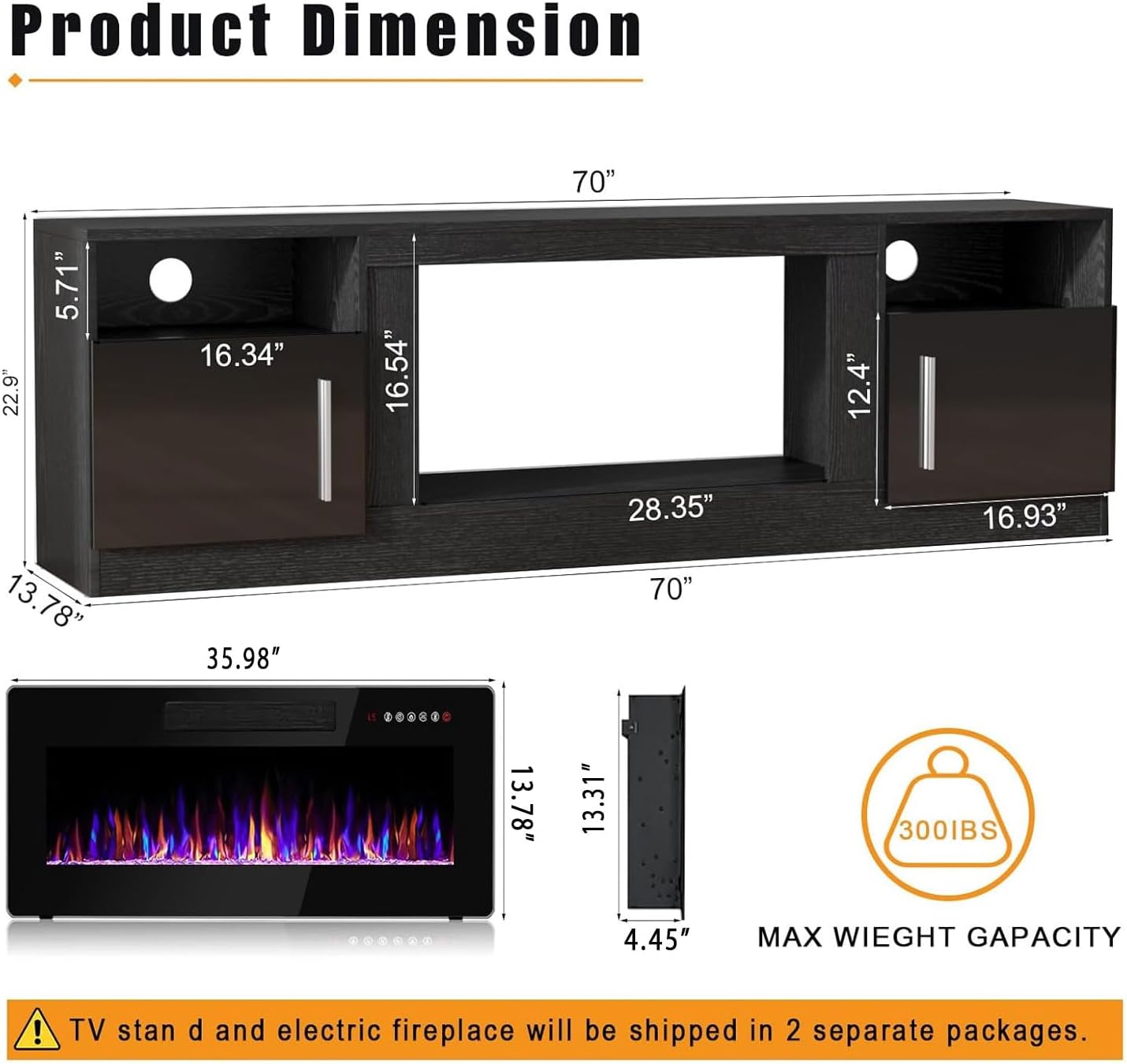 BOSSIN Fireplace TV Stand with 36" Electric Fireplace, LED Light Entertainment Center with Storage Cabinet for TVs up to 80 inch, Media TV Console with Modern Wood Texture,70 inch Black