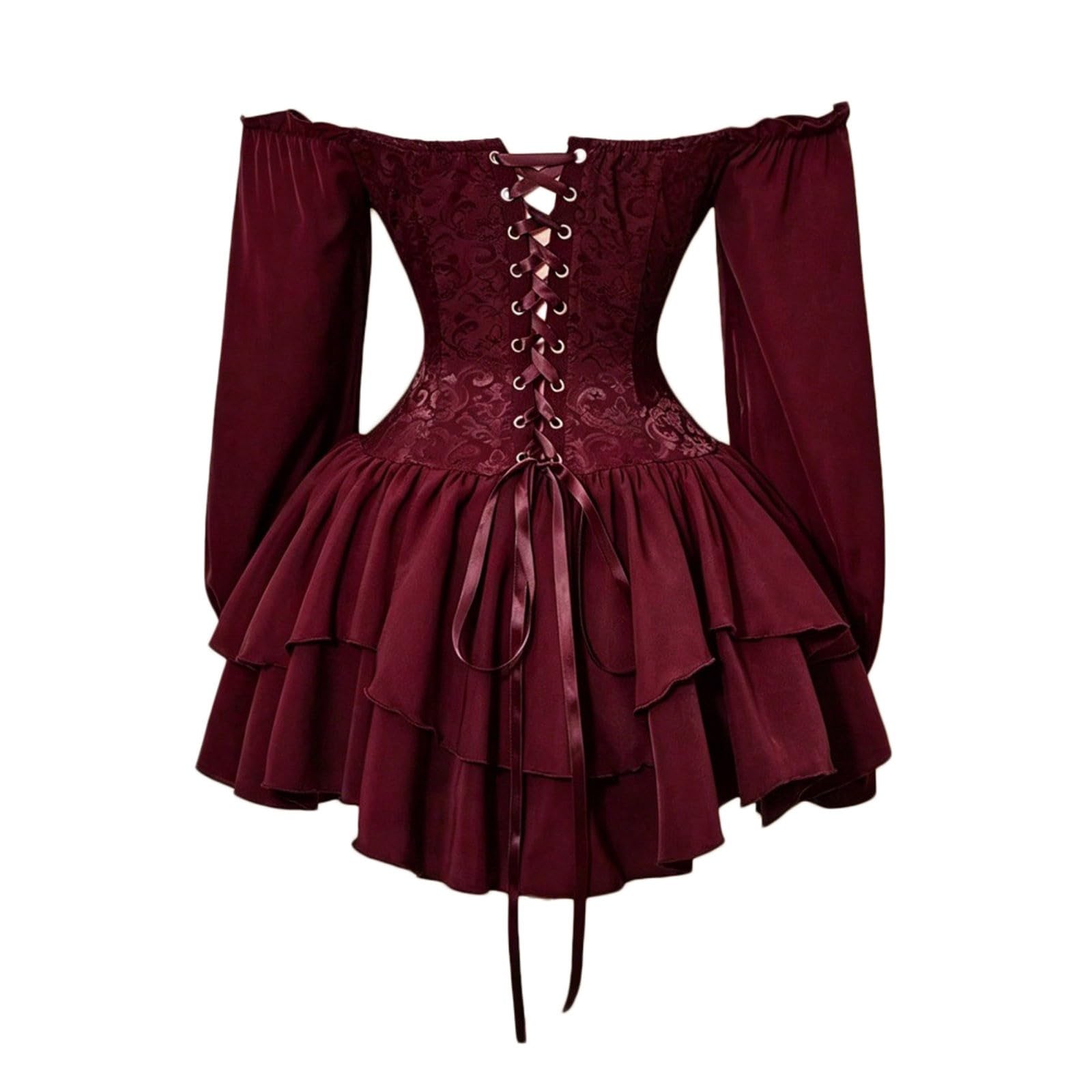 Disfraz Renacentista Mujer,Vestido BlusóN GeoméTrico Midi Para Mujer Corte Ajustado Mangas Largas Hombros Descubiertos Estilo Casual Elegante