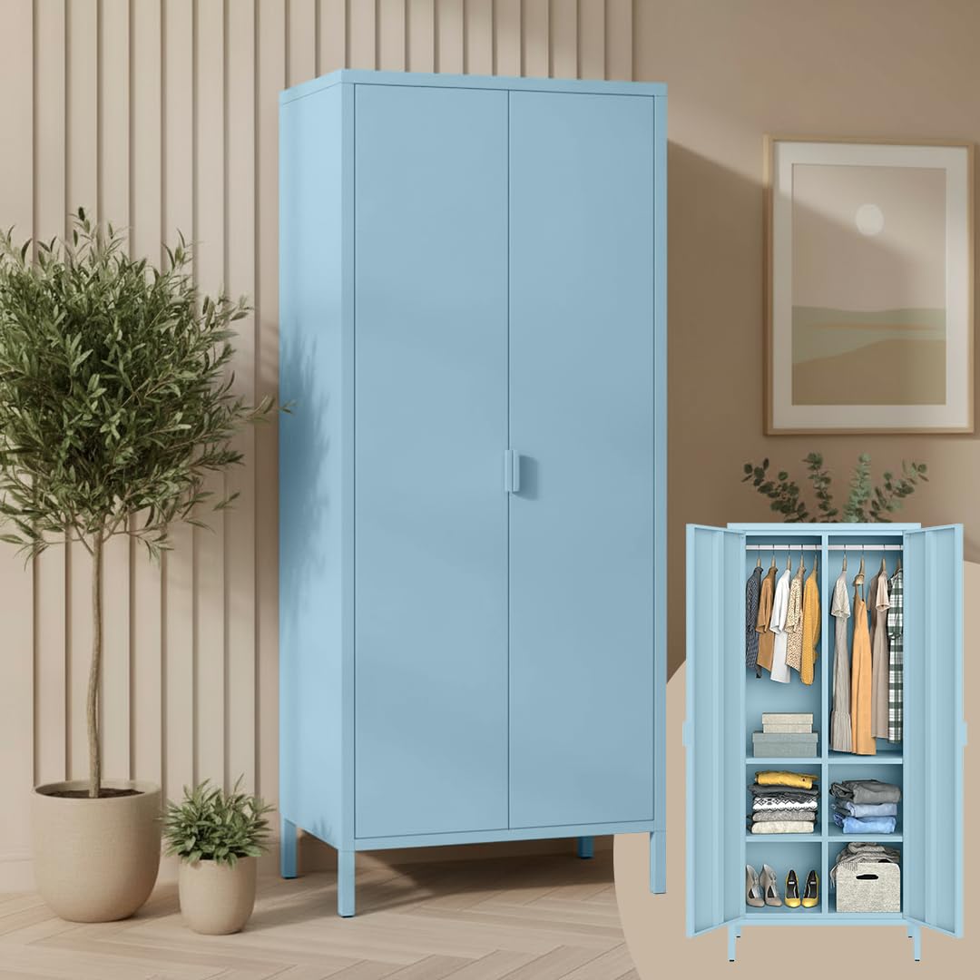skølm Ituri Metallschrank Blau – Kleiderschrank – mit 6 Fächern & 2 Kleiderstangen, 80 cm breit