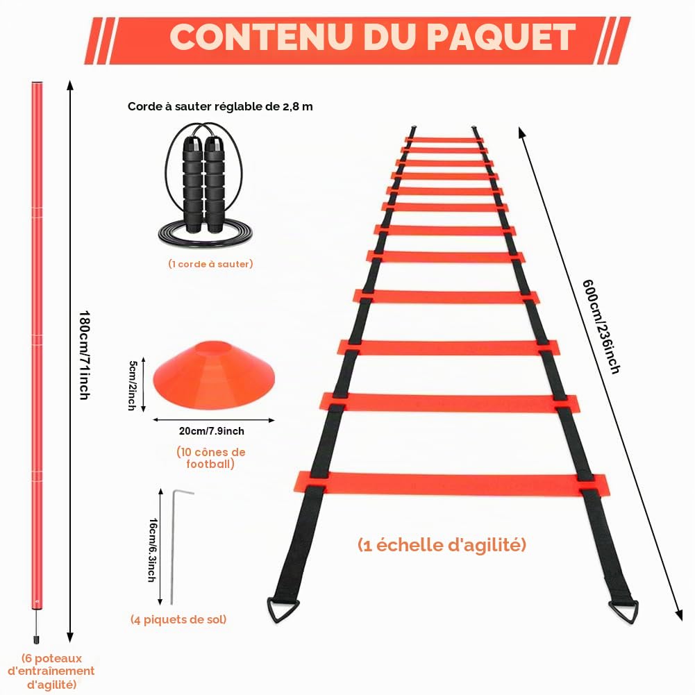 Kit d'obstacles L'agilité pour Enfants et Adolescents（Orange） | Accessoires D'entraînement de Football,Livrés 6 Barres D'obstacles, Échelle D'agilité, Cônes,Corde À Sauter,Rangement