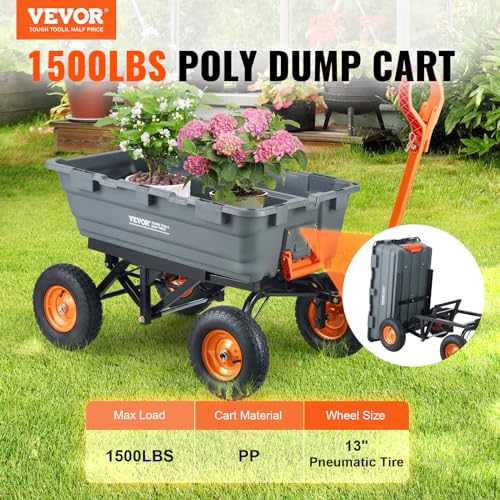 Image of VEVOR 1500lbs Poly Garden Dump Cart Wheelbarrow Wagon with 2 in 1 Convertible Handle, Heavy Duty Yard Cart Wagon for with 13in All Terrain Wheels, Dump Trailer Tow Behind for Lawn Mower Tractor