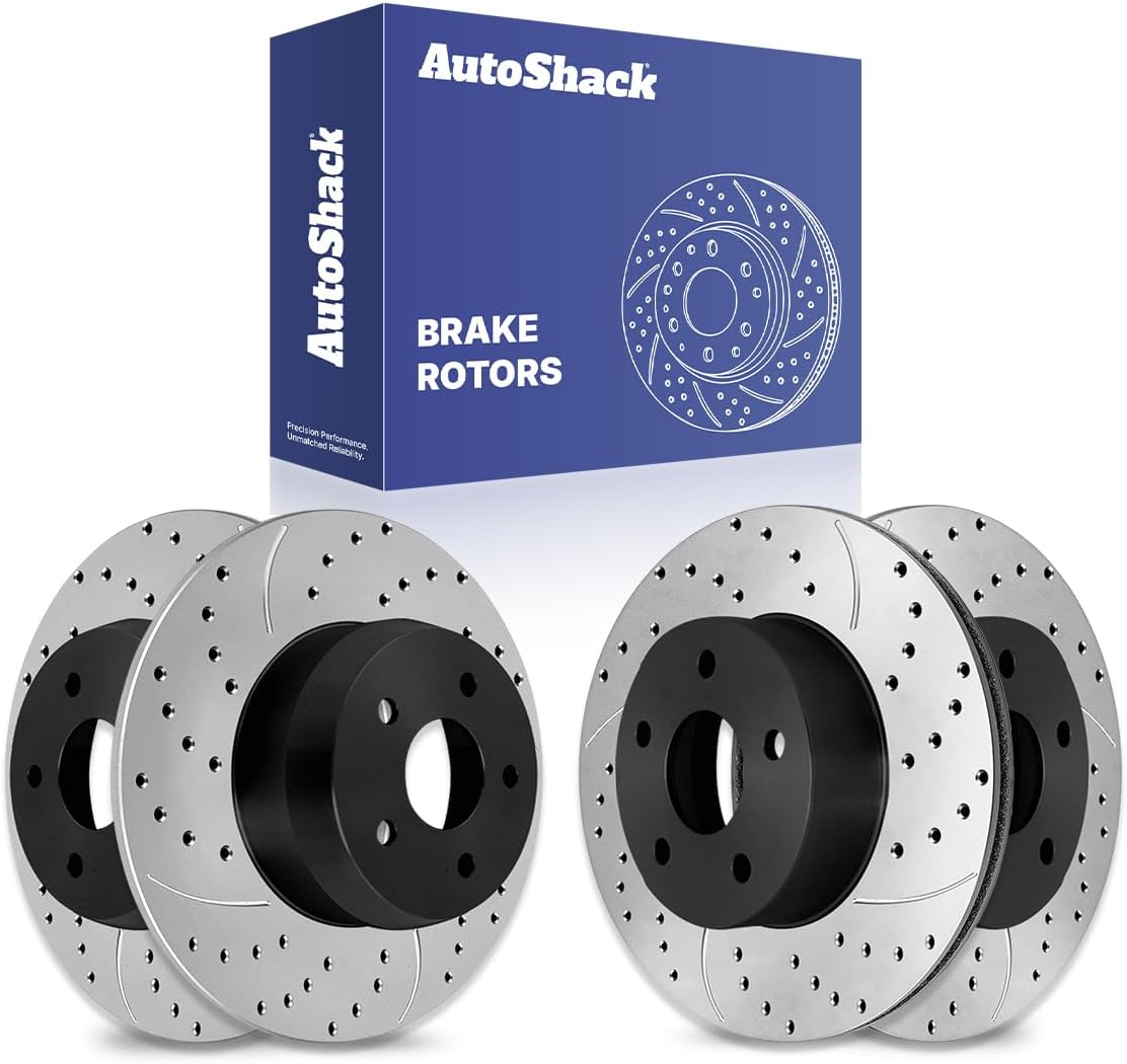 AutoShack Front Vented & Rear Solid Drilled & Slotted E-Coated Brake Rotors 4-PC Set Replacement for 1999-2004 Jeep Grand Cherokee ShadowGuard