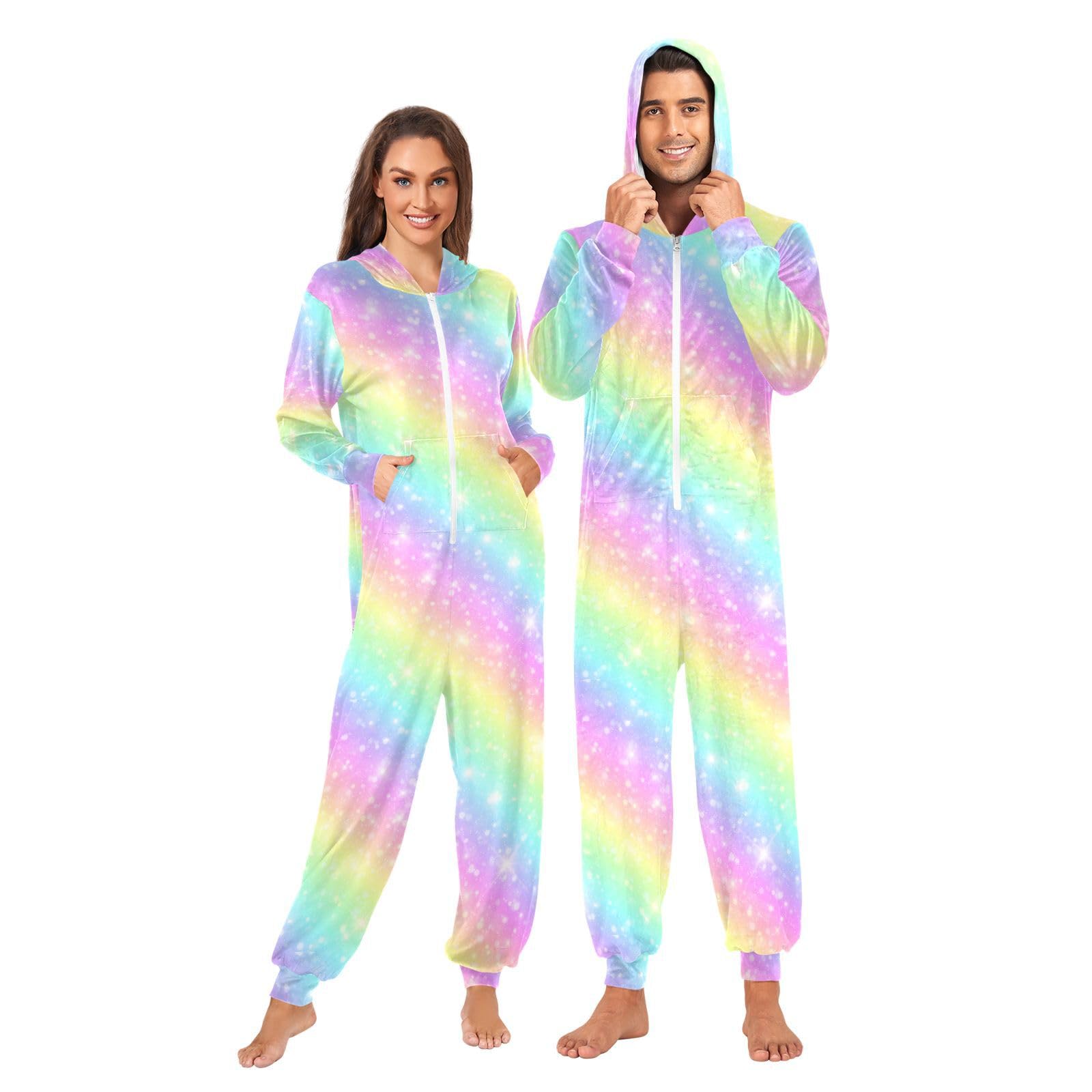 Adult Onesie Pajamas Galaxy Rainbow Glitter Star for Men and Women Colorful One-Piece Costume Sleepwear Jumpsuit Matching Pjs for Women