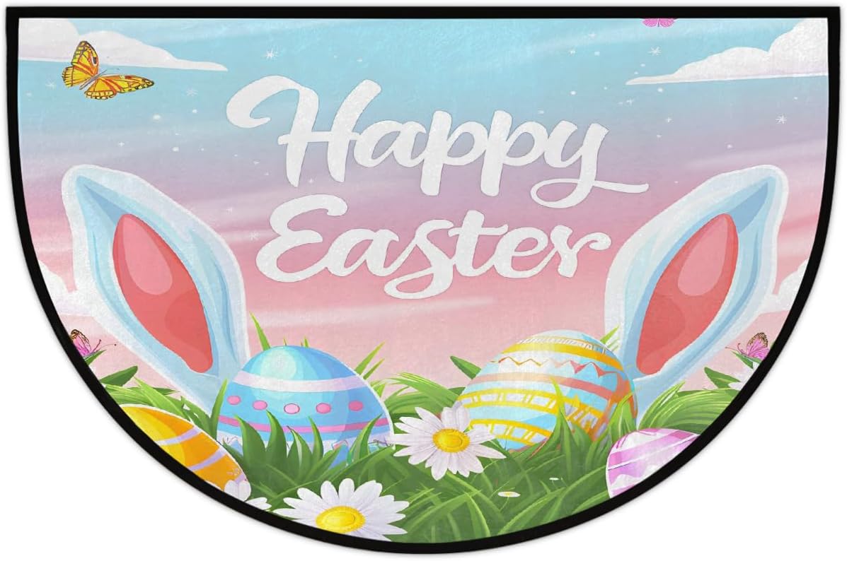 Half Round Door Mat Easter Non-Slip Soft Semi Circle Rug Washable Half Moon Welcome Entrance Doormat for Outdoor Indoor Floor Indoor Bedroom Bathroom Home Kitchen Festival Decor Gift A (74)