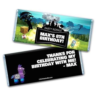 Kids Birthday Battle Game Candy Favors Personalized Milk Chocolate Bars 12 Bars - Blue Foil