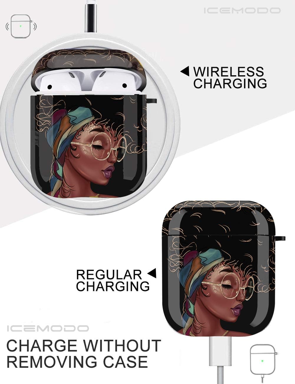 Black Girl Airpods Case Cover, Icemodo Airpods Accessories Compatible with Apple Airpods 1st/2nd,Shockproof Protective TPU Case Cover for Girls Women with Keychain/Strap - Stylish Afro Girl