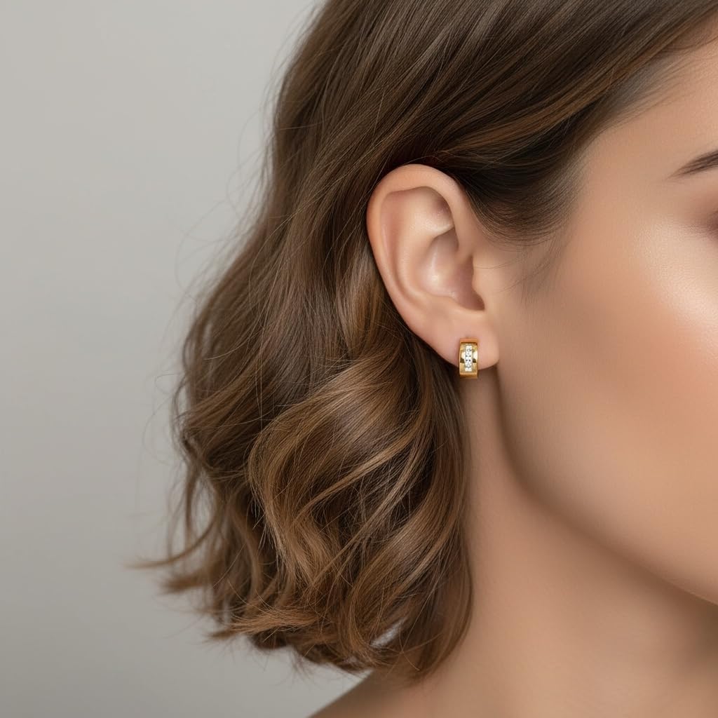 CZ Cross Yellow Gold Huggie Hoop Earrings, 18K Gold Plated Small Hinged Earrings with Cubic Zirconia, Religious Fashion Jewelry for Women - Image 2