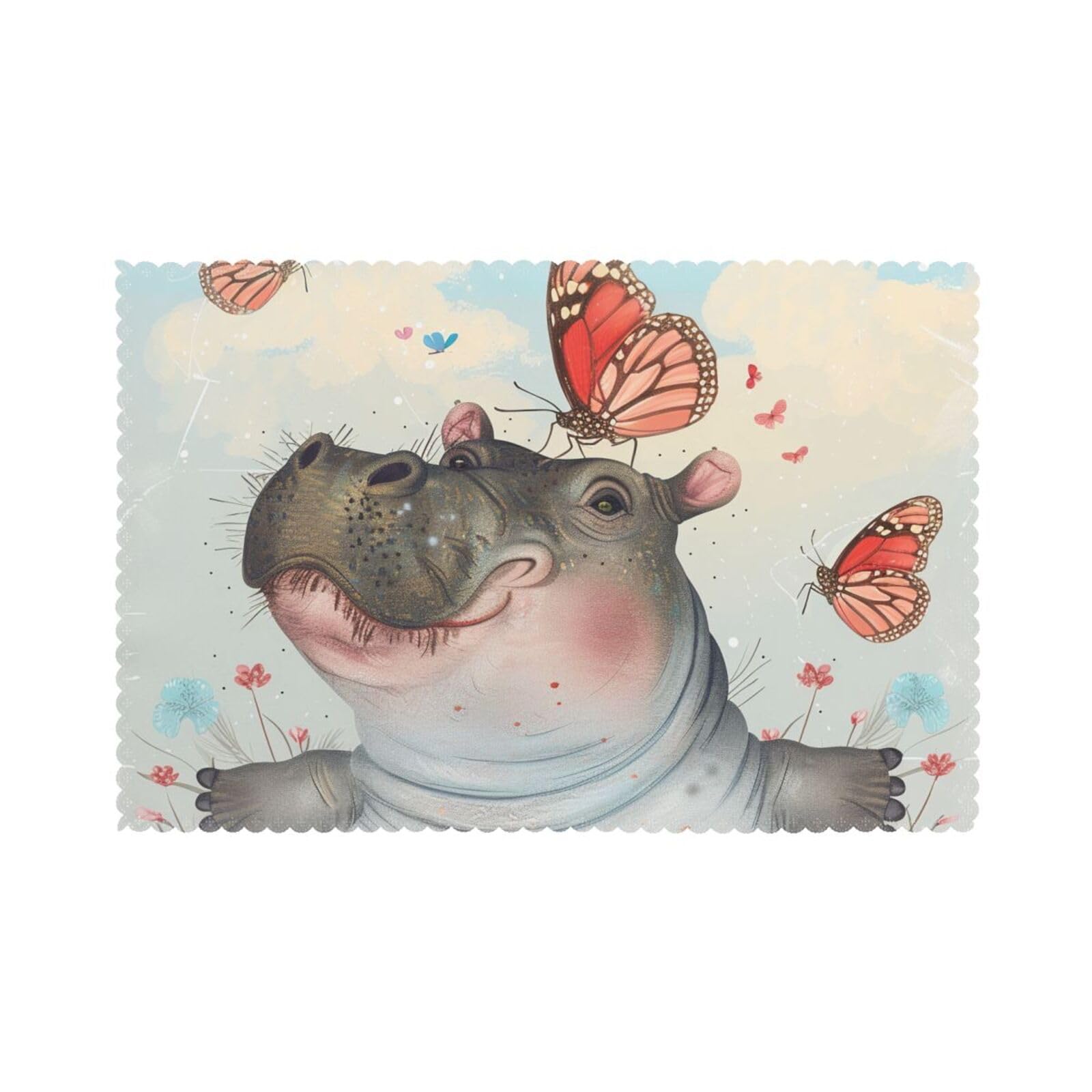 Butterfly and Hippo Printed Placemat Heat Resistant Place Mats Set of 6 PCS Washable Kitchen Table Mats, 12x18 Inch