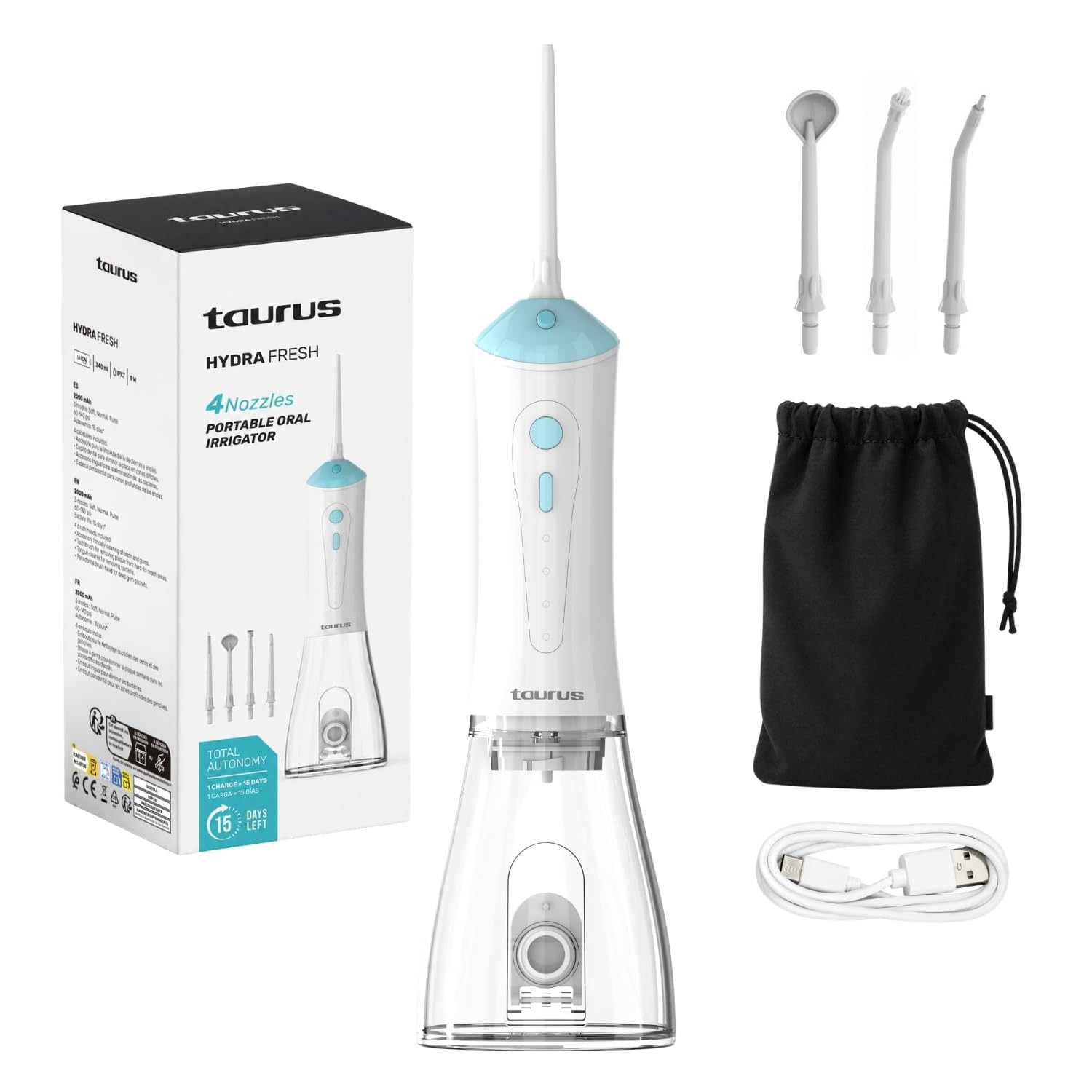 Taurus - Irrigador Bucal Portátil 9W, 340ml, IPX7, 3 Modos, 4 Boquillas