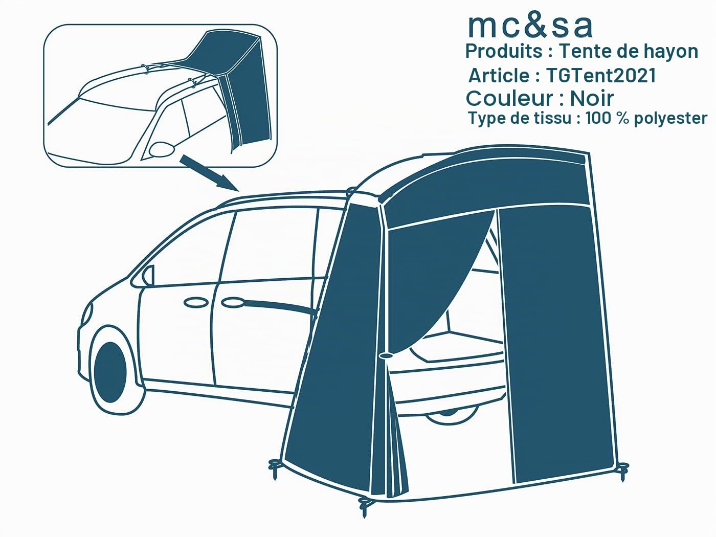 MC&SA Tente d'abri de hayon SUV, Abri d'intimité imperméable, Noir, Portable, Vestiaire pour vélo, Toilettes, Douche, Plage, Natation, L : 1,5 m x 1,5 m x 2,3 m, 6 Piquets de Tente à Fixer