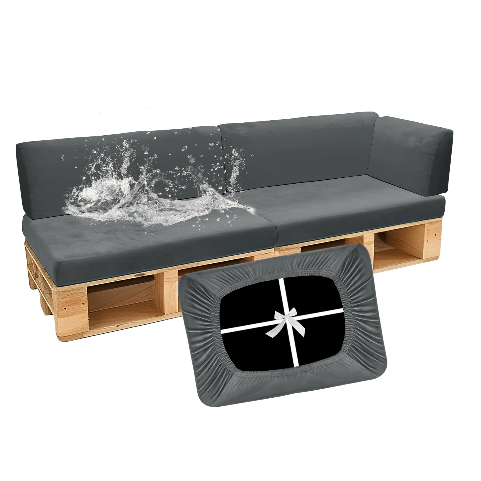 SYLC Waterproof Pallet Cushions Covers, Stretch Velvet Cover for Pallet Furniture Cushions, Outdoor Corner Sofa Covers for Rattan Wooden Patio Garden (Grey-blue,5 PCS(2 Seats+3 Backs))
