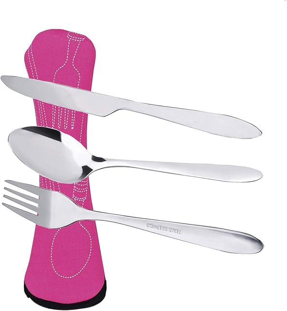 Prettyui Silverware Cutlery Set Stainless Steel with Organizer Bag Travel Camping Flatware Dinnerware Tableware Kit with Storage Lunch Box for Picnic School Knife Fork Spoon Set Rose Case3 Pack