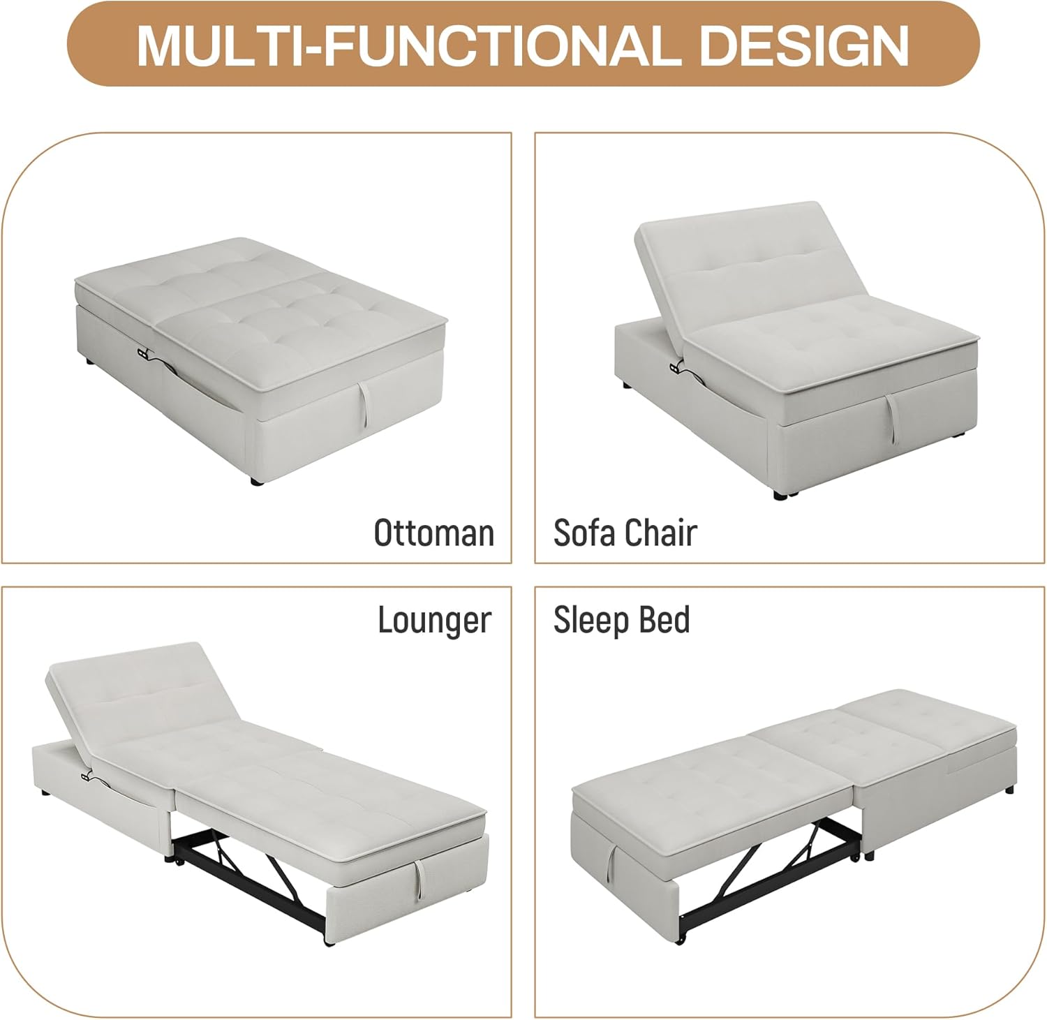 4-in-1 Convertible Sleeper, Assembly-Free Chair, Modern Multi-Functional Sofa Bed with Adjustable Backrest Storage Pocket USB Port Beige, Full