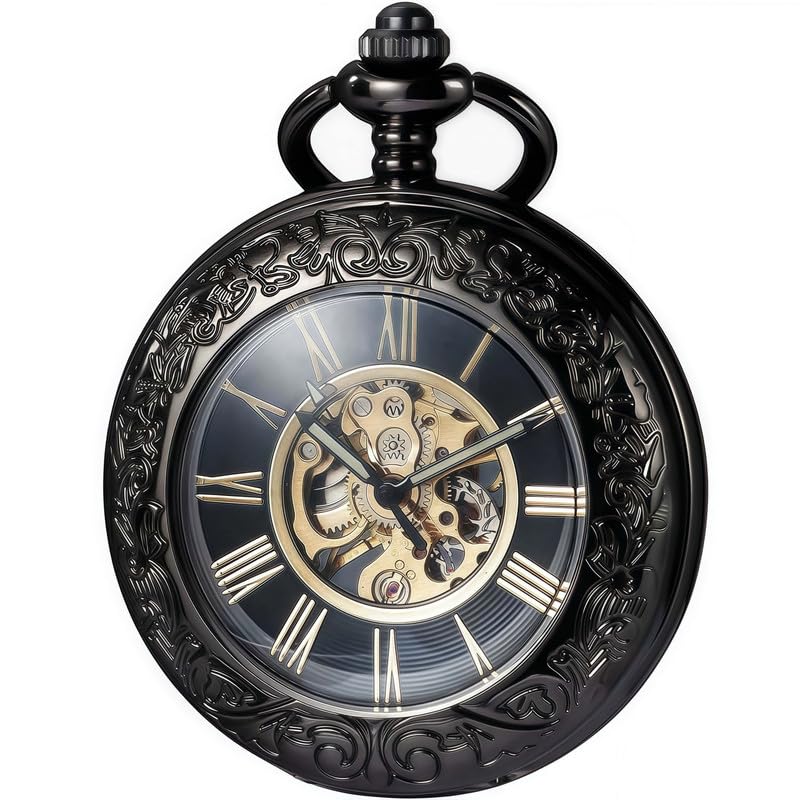 Montre de poche mécanique noire demi-chasseur rétro avec chaîne pour homme et femme