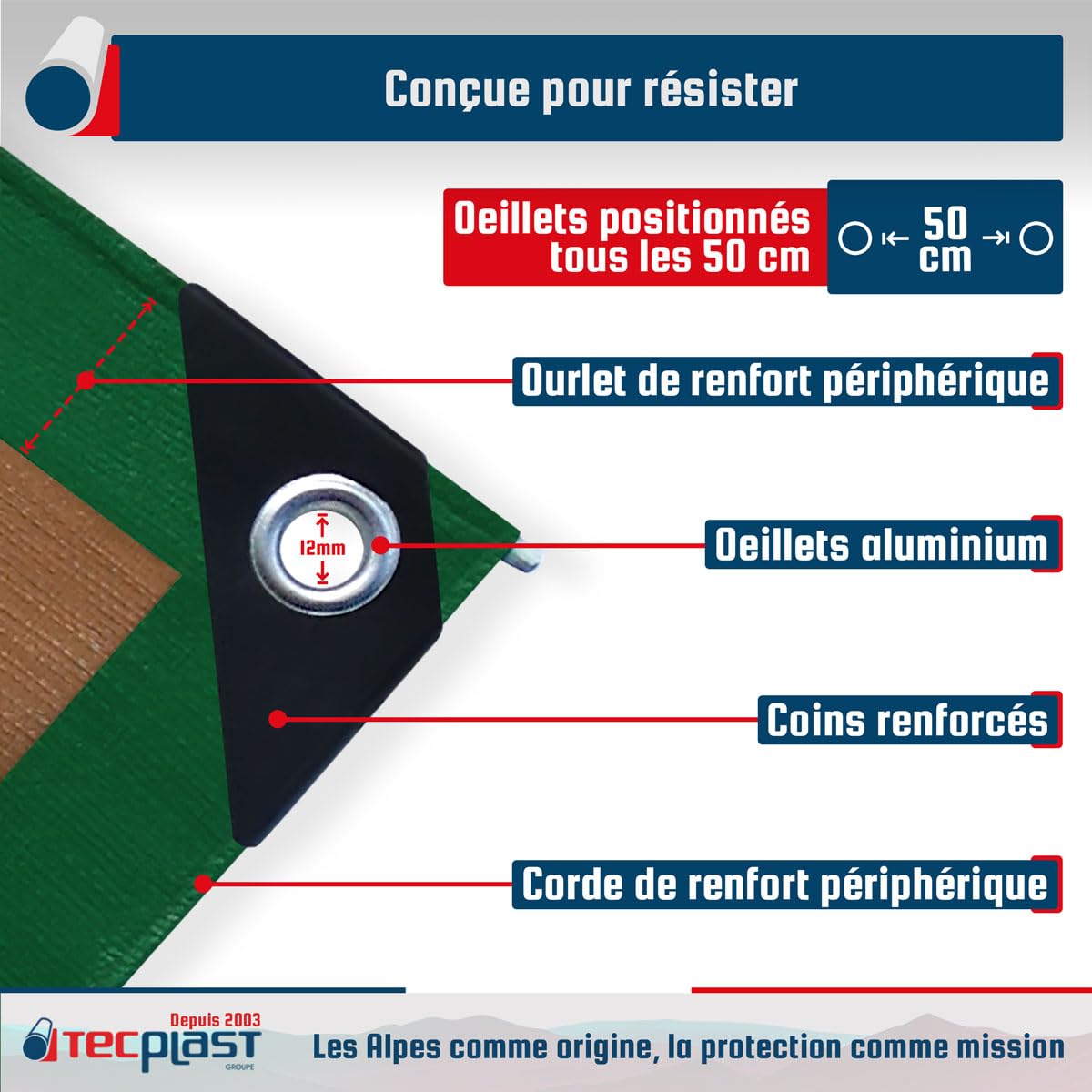 TECPLAST Bâche Toiture 5x8 m HQ250TO Verte et Marron - Haute Performance - Bâche d'étanchéité pour Couvreur et Charpentier