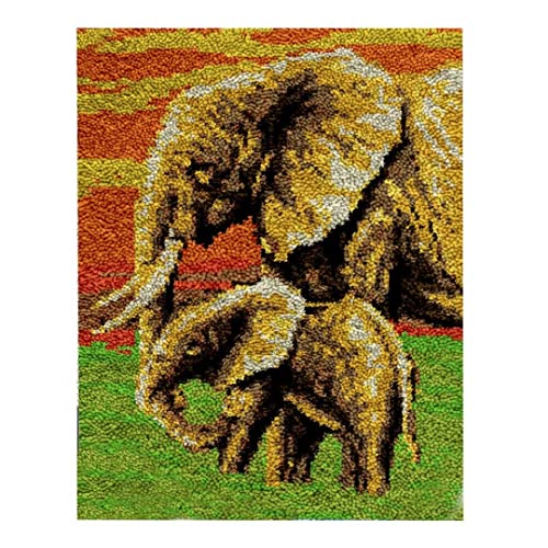 Mother Elephant and Calf Latch Hook Kit 50x38cm, Complete DIY Rug Making Craft Kits with Yarn & Canvas and Crochet Needle