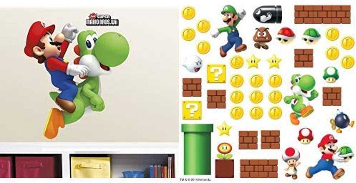 RoomMates RMK1918GM Ninetendo - Yoshi/Mario Peel & Stick Giant Wall Decals, 23" x 32", Multicolor and RoomMates Nintendo Super Mario Build A Scene Peel and Stick Wall Decals