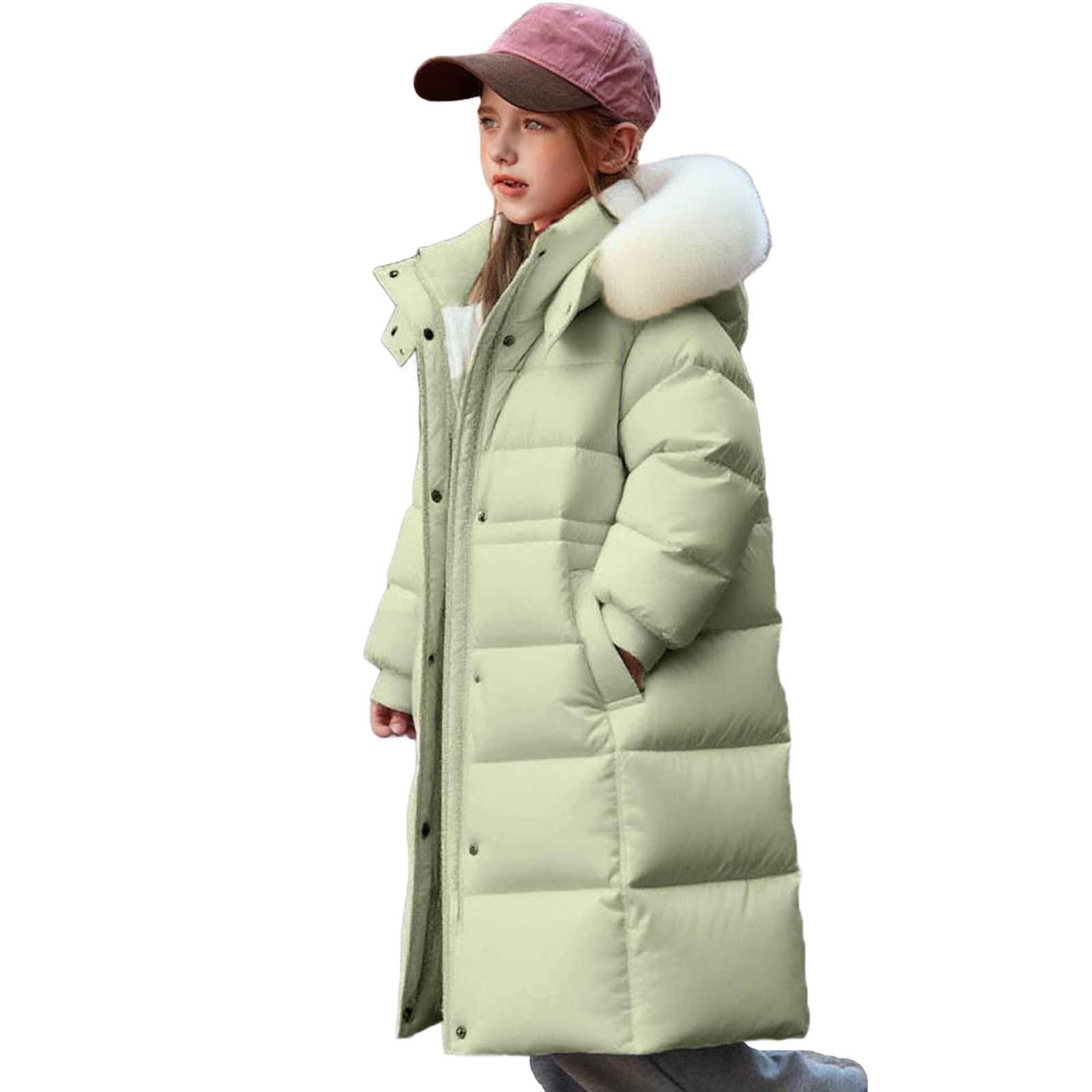Abrigo acolchado para niñas de invierno largo con cremallera completa, capucha de piel sintética, abrigos acolchados con bolsillos, abrigos básicos de nieve de color sólido para niñas de 5 a
