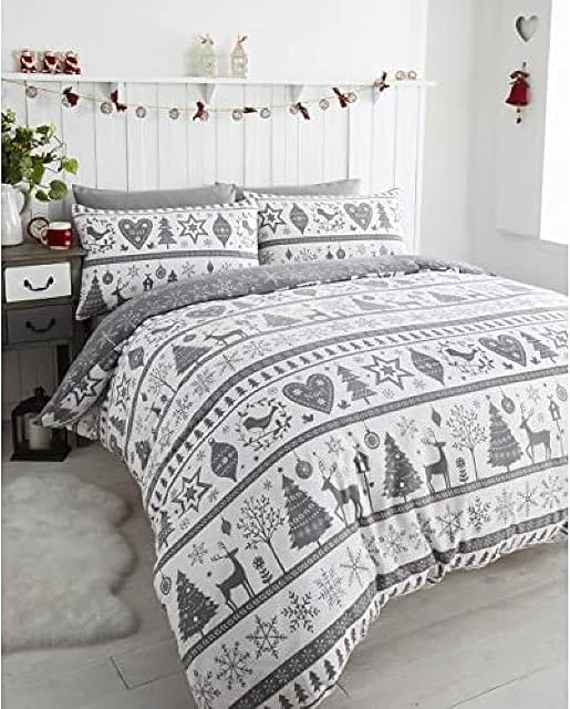 Noel Quilt Duvet Cover 2 Pillowcase Bedding Bed Set Christmas Trees, Grey, Super-King