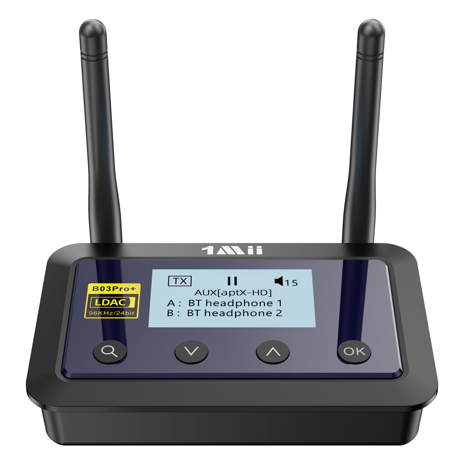 1Mii B03Pro+ HiFi Bluetooth 5.3 Sender & Empfänger mit OLED Display – LDAC & aptX HD/Low Latency Audio Adapter für TV & Stereoanlage, Optischer/RCA/AUX 3,5 mm Anschluss, Große Reichweite