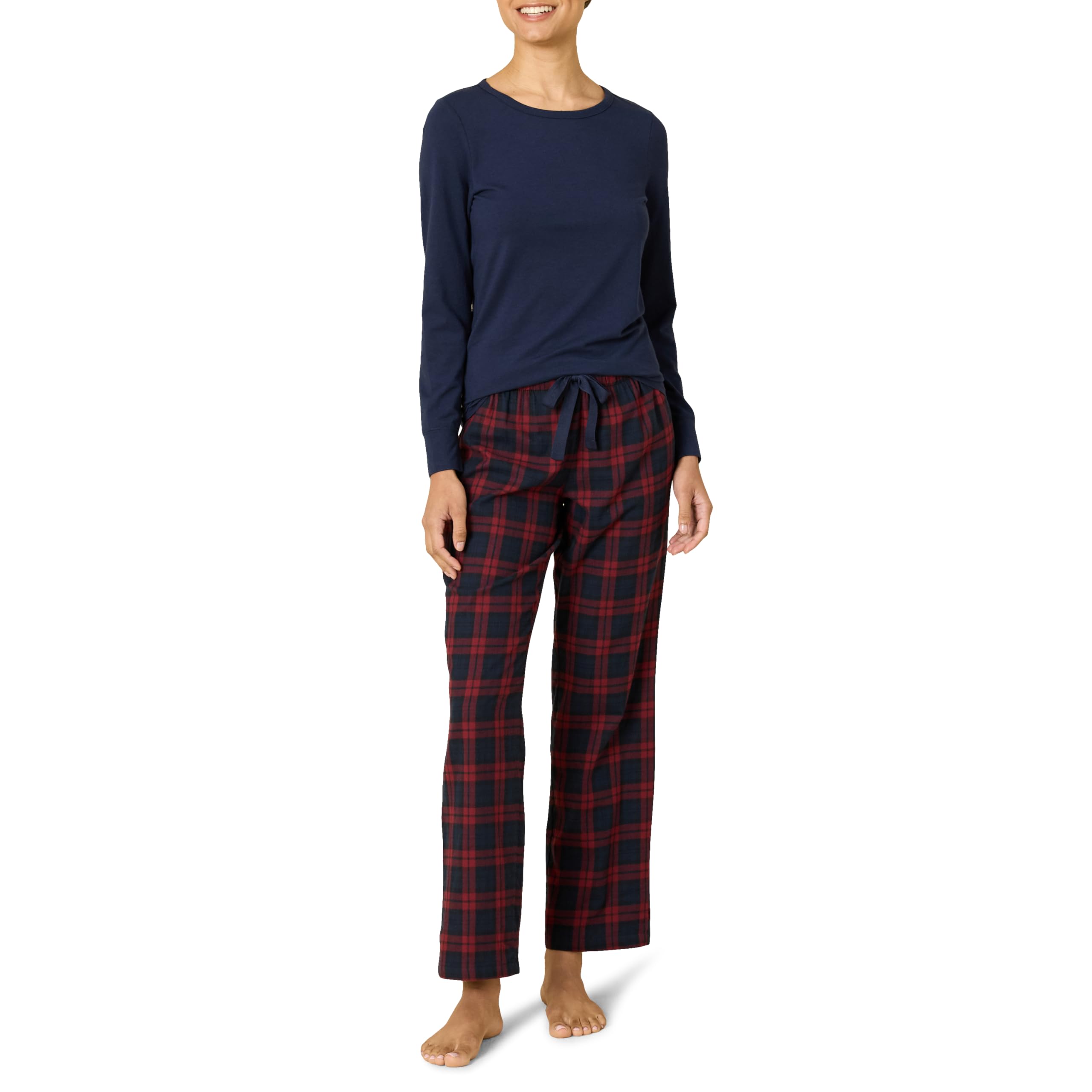 Amazon Essentials Women's Long Sleeve Knit Top and Lightweight Flannel Pajama Pant Set, Burgundy Navy Blackwatch Plaid, XX-Large