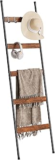ELYKEN Blanket Ladder for Living Room, Farmhouse 5-Tier Quilt Holder with 4 Removable Hooks for Bathroom, Wood Towel Rack Display, Wall Anchor Leaning Decorative Stand for Home, Rustic Brown