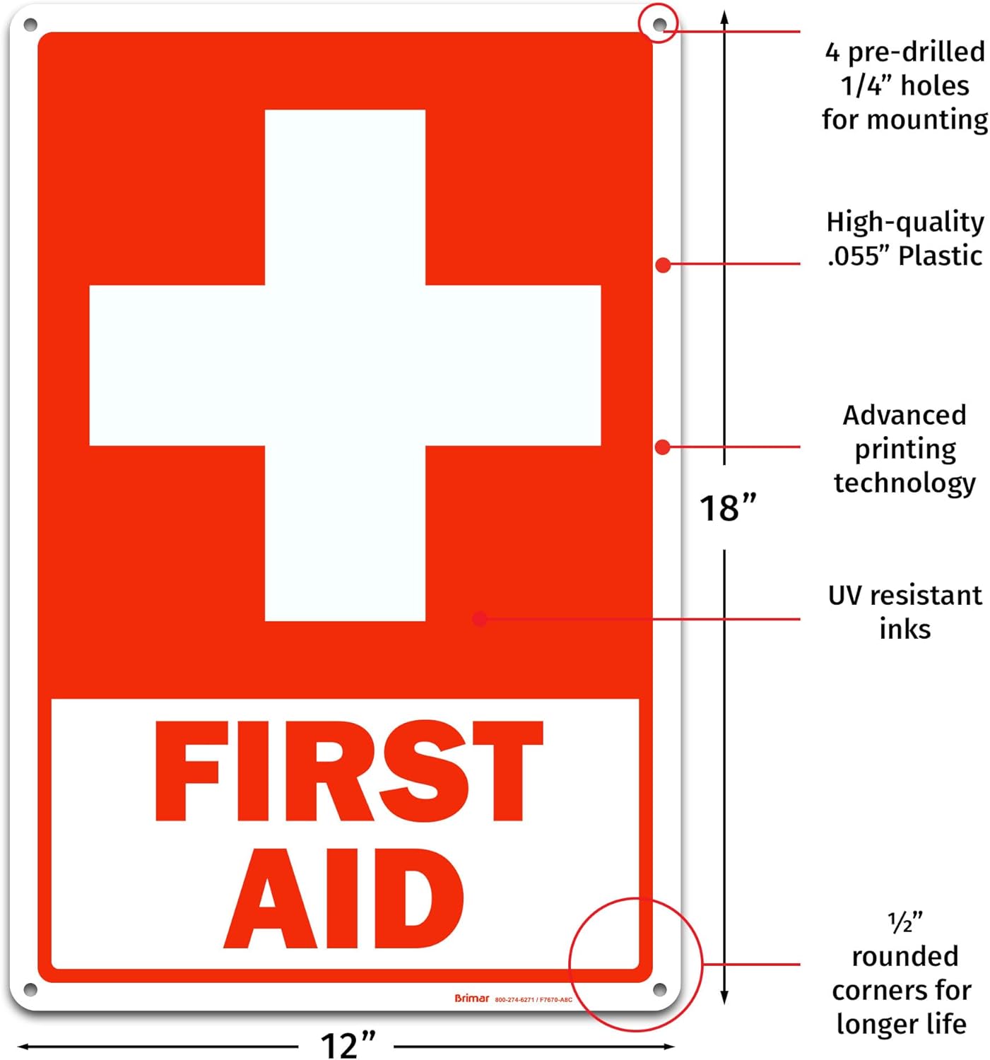 Brimar - 12 x 18" - First Aid Sign - .055″ Polyethylene Plastic - Clear Message - Standard Size