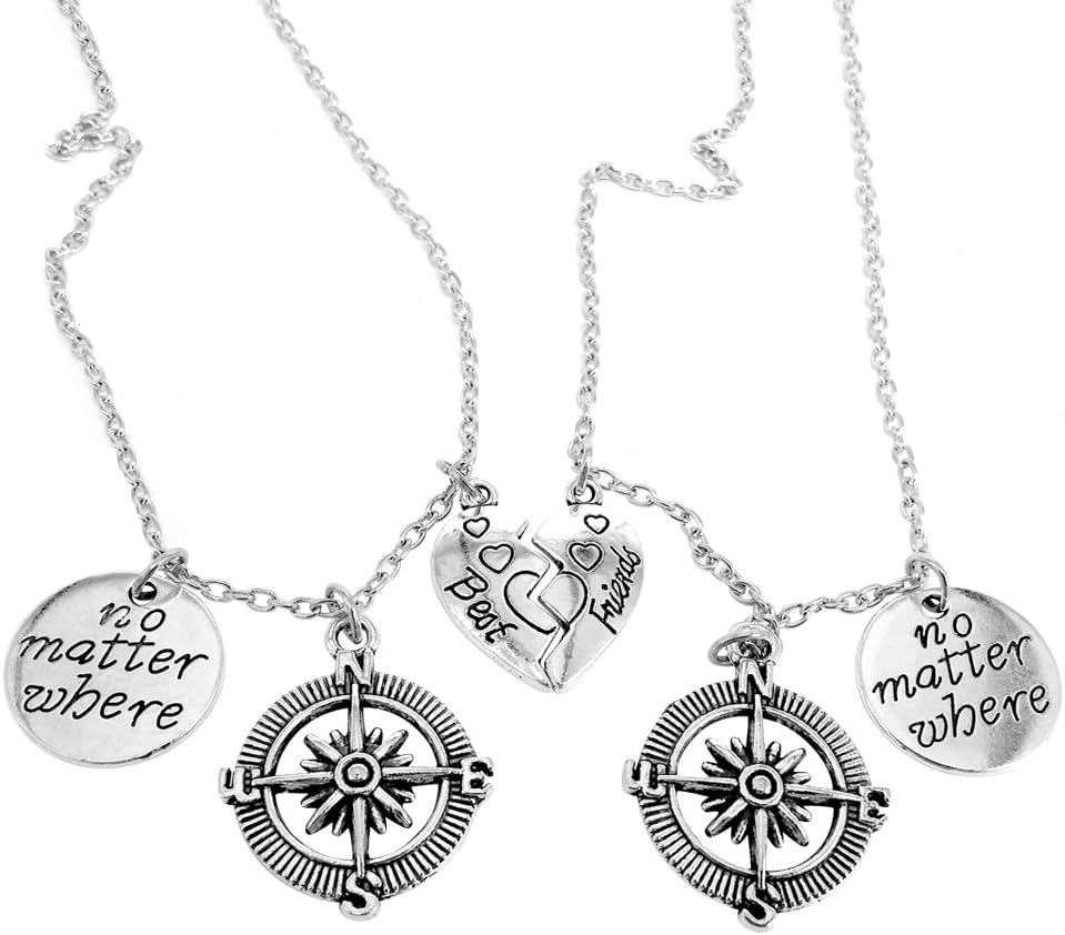 | 2pcs Fashionable Necklace with Compass Decoration and Engraved Symbolic Meaning Quotes | Rustproof Zinc Alloy Material with Bonus Gift Box and Ribbon | Silver | 1474.1