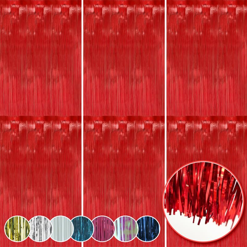 HOVUK 6Pk Red Christmas Lamettas 1.2m - Christmas Party Decor Holographic Foil, Tinsel Foil Fringe Curtains for Christmas, Birthday Party, Valentines Day