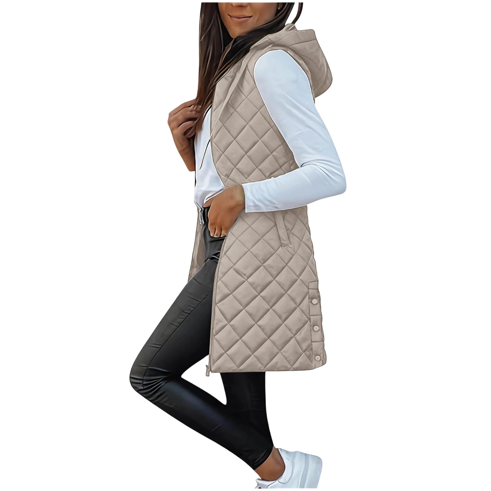 RLEHJN Leichte Steppweste Damen Lang Ärmellose Daunenweste Warme Wintermantel Damenweste Übergangsweste Reißverschlüsse Kapuzenweste Mit Leicht Jacke mit Taschen Wintermantel Winterjacke
