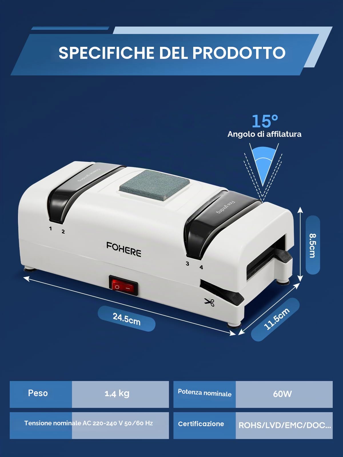 FOHERE Affilacoltelli Elettrico Professionale 5 in 1, 2 Raccoglitrucioli Magnetici, Abrasivi Diamantati al 100% per Coltelli da Cucina in Acciaio Doppio, Forbici e Cacciaviti a Taglio