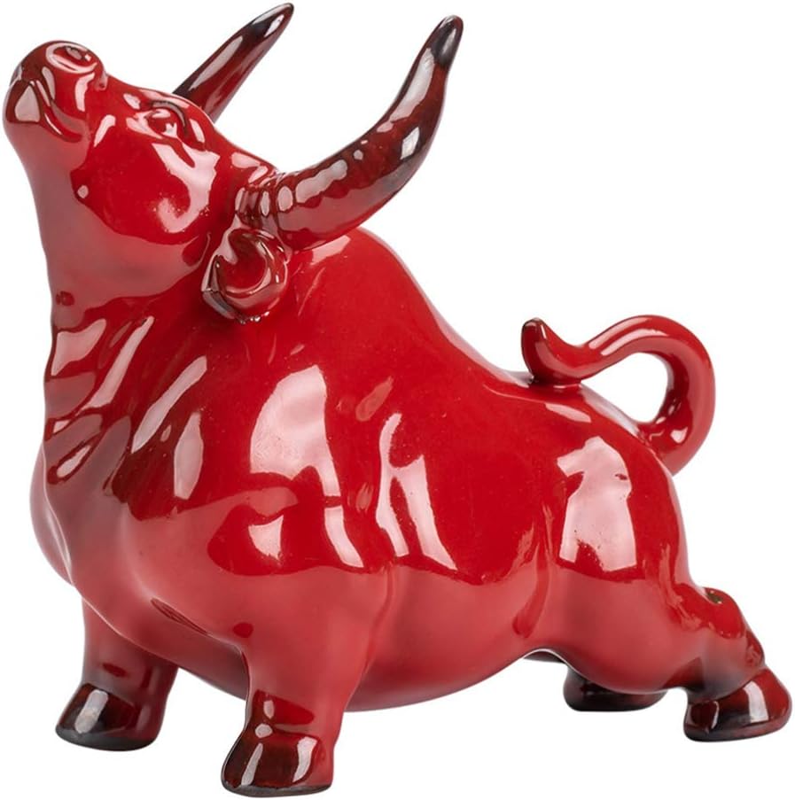 VOSAREA Creative Wall Street Bulls Statues Chinese Zodiac Ox Figurine Bull Statue Feng Shui Sculpture Wealth Prosperity Desktop Decor for Home Office Ceramic Decor