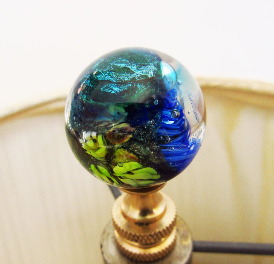 Venetian Glass Lamp Finials - Cobalt Blue, Golds and Sparkling Greens, Planet Designs - Colorful Craters-Brass or Nickel Finial Hardware- Lampwork Glas